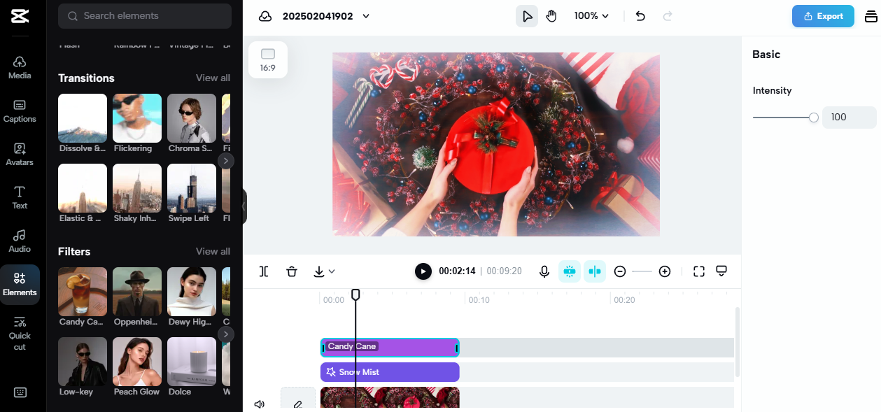Pippit interface showcasing video editing for SMS marketing with Christmas-themed filters and transitions.